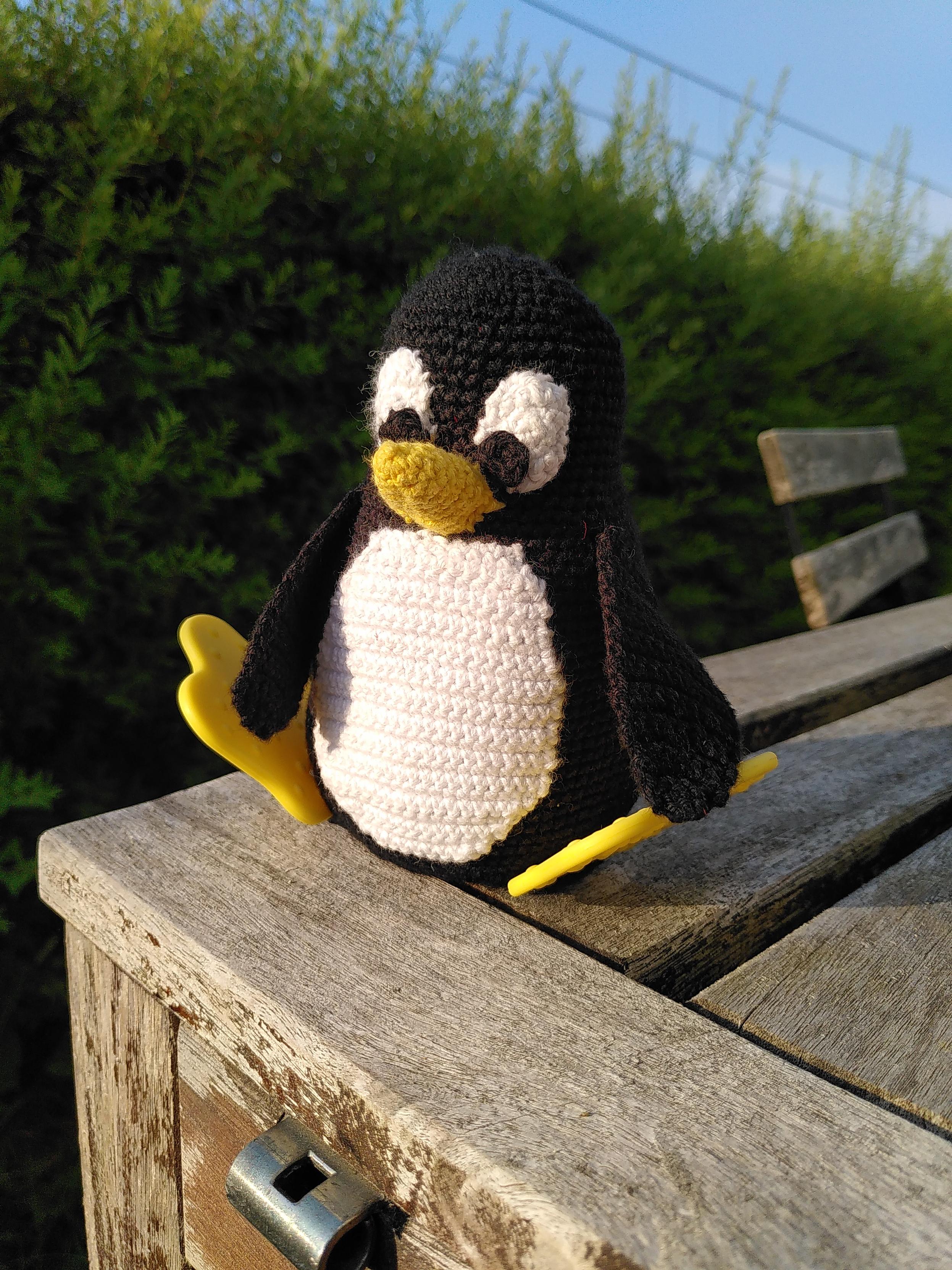 En hæklet bamse i form af en pengvin. Den holder sin ene vinge over en af sine fødder (som er lavet af plastik), så den sidder ligesom Tux, maskotten for Linux.
Bamsen sidder i morgenlyset på et slidt havebord af træ og der ses en grøn hæk i baggrunden med en klar blå himmel over.